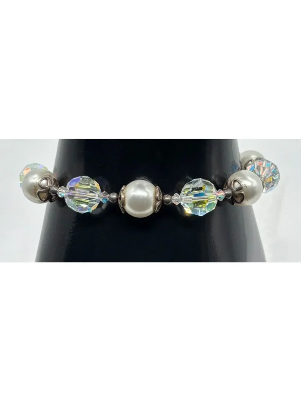 Artisan Made Bracelet With Faceted AB Crystals Faux Pearls Sterling Toggle Clasp